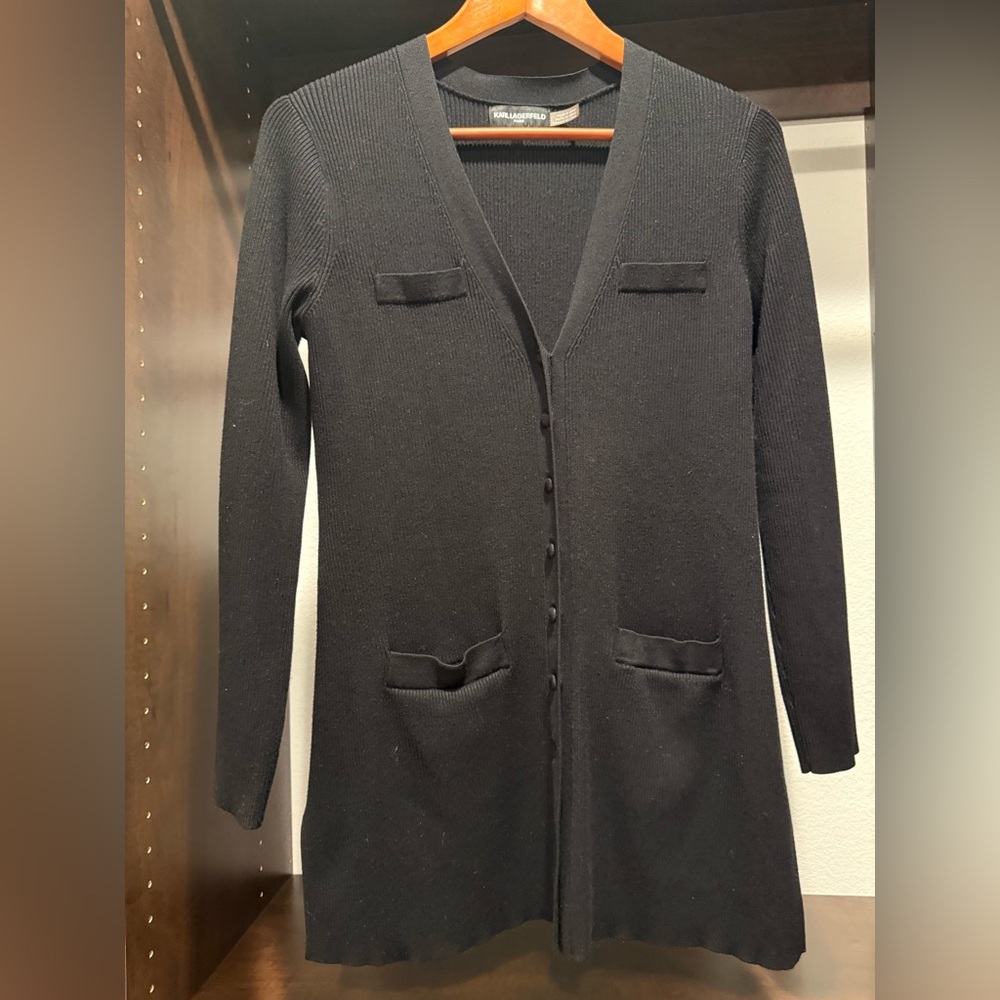 Karl Lagerfeld Black Button-Up Mid-Length Cardigan